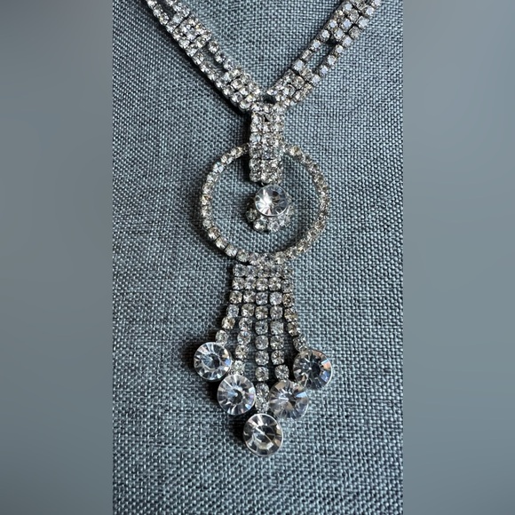 Diamante Rhinestone Y Necklace Clear Crystals Costume 14.5” Choker Lariat - Picture 4 of 9